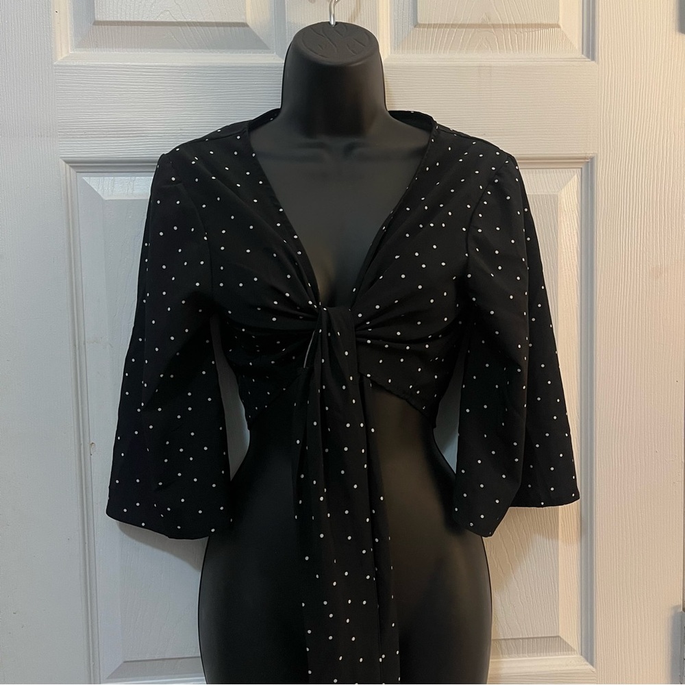 Black Polka Dot Tie-Front Crop Top